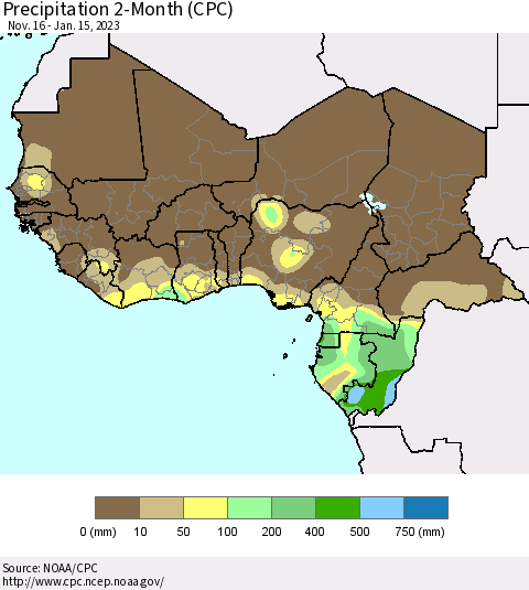 Western Africa Precipitation 2-Month (CPC) Thematic Map For 11/16/2022 - 1/15/2023