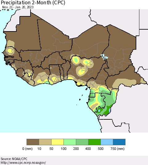 Western Africa Precipitation 2-Month (CPC) Thematic Map For 11/21/2022 - 1/20/2023