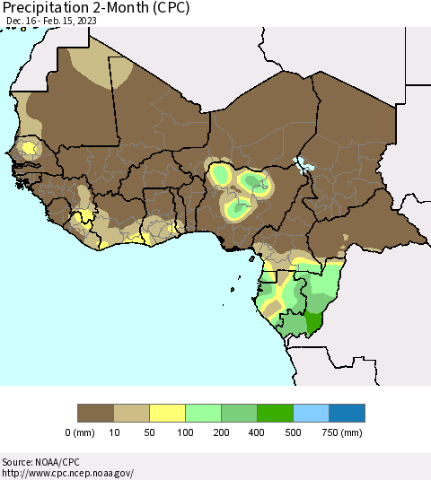 Western Africa Precipitation 2-Month (CPC) Thematic Map For 12/16/2022 - 2/15/2023