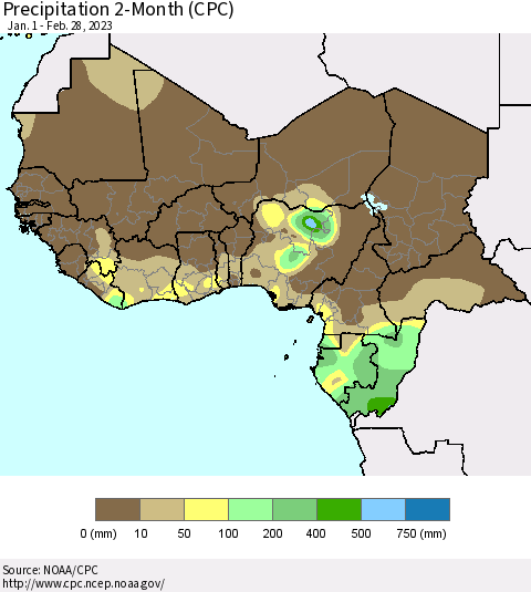 Western Africa Precipitation 2-Month (CPC) Thematic Map For 1/1/2023 - 2/28/2023