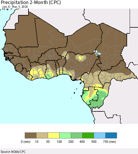 Western Africa Precipitation 2-Month (CPC) Thematic Map For 1/6/2024 - 3/5/2024