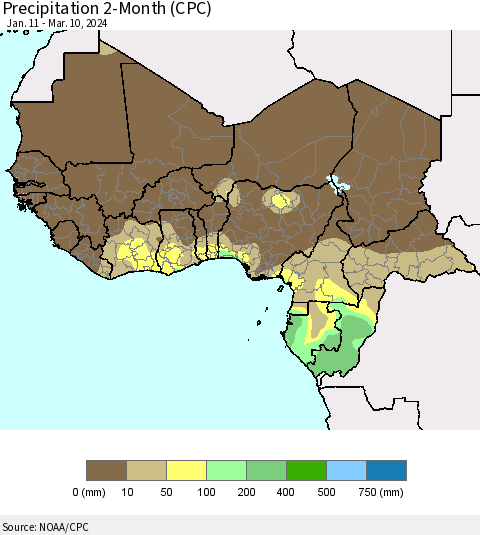 Western Africa Precipitation 2-Month (CPC) Thematic Map For 1/11/2024 - 3/10/2024