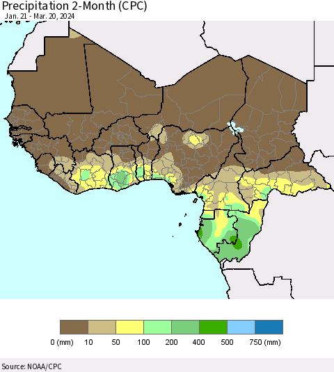Western Africa Precipitation 2-Month (CPC) Thematic Map For 1/21/2024 - 3/20/2024
