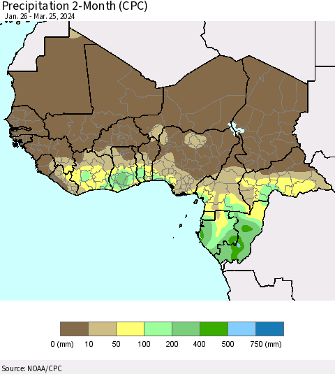 Western Africa Precipitation 2-Month (CPC) Thematic Map For 1/26/2024 - 3/25/2024