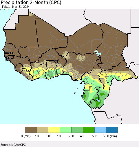 Western Africa Precipitation 2-Month (CPC) Thematic Map For 2/1/2024 - 3/31/2024