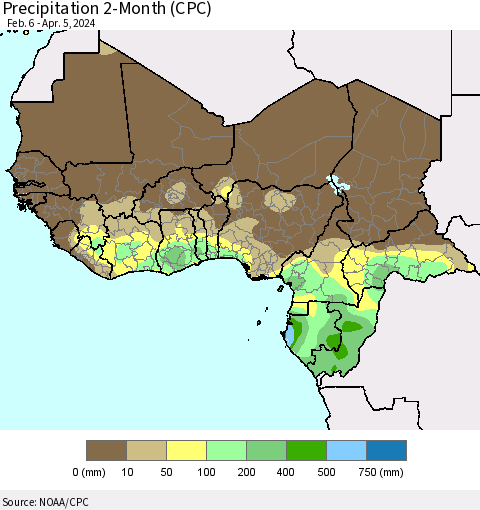 Western Africa Precipitation 2-Month (CPC) Thematic Map For 2/6/2024 - 4/5/2024