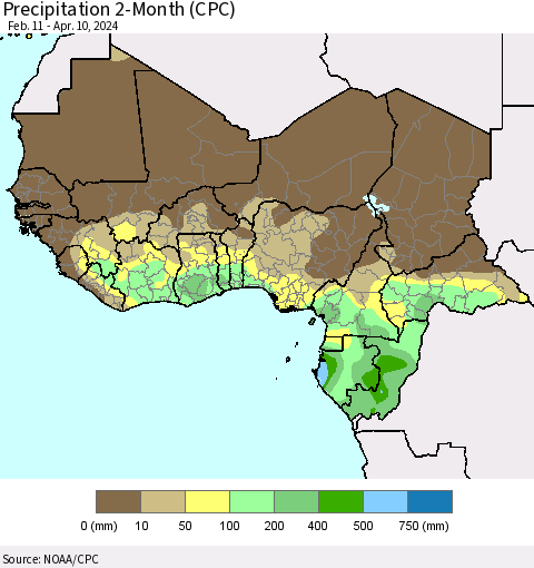 Western Africa Precipitation 2-Month (CPC) Thematic Map For 2/11/2024 - 4/10/2024