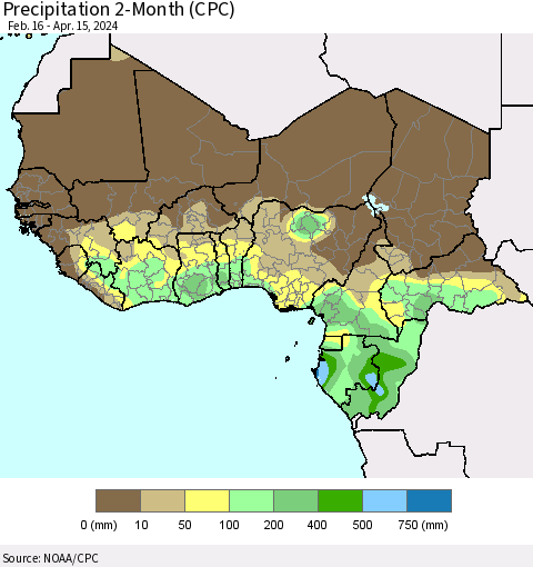 Western Africa Precipitation 2-Month (CPC) Thematic Map For 2/16/2024 - 4/15/2024