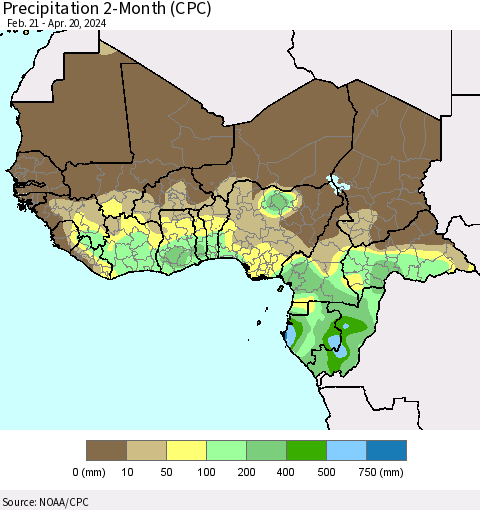 Western Africa Precipitation 2-Month (CPC) Thematic Map For 2/21/2024 - 4/20/2024
