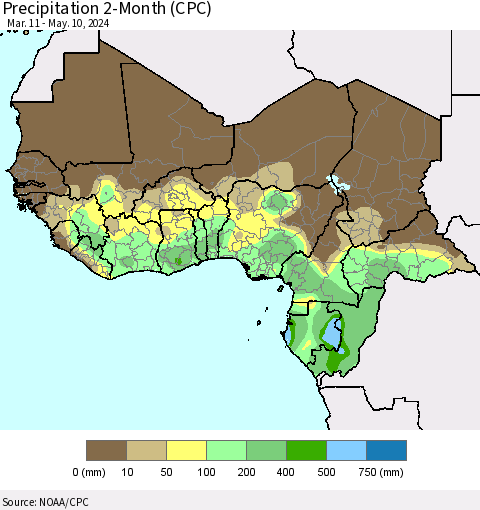Western Africa Precipitation 2-Month (CPC) Thematic Map For 3/11/2024 - 5/10/2024