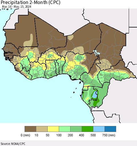 Western Africa Precipitation 2-Month (CPC) Thematic Map For 3/16/2024 - 5/15/2024