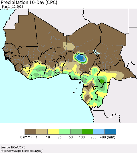 Western Africa Precipitation 10-Day (CPC) Thematic Map For 3/1/2023 - 3/10/2023
