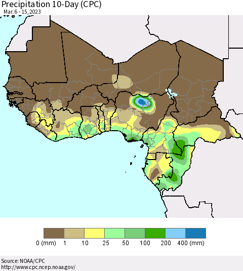 Western Africa Precipitation 10-Day (CPC) Thematic Map For 3/6/2023 - 3/15/2023