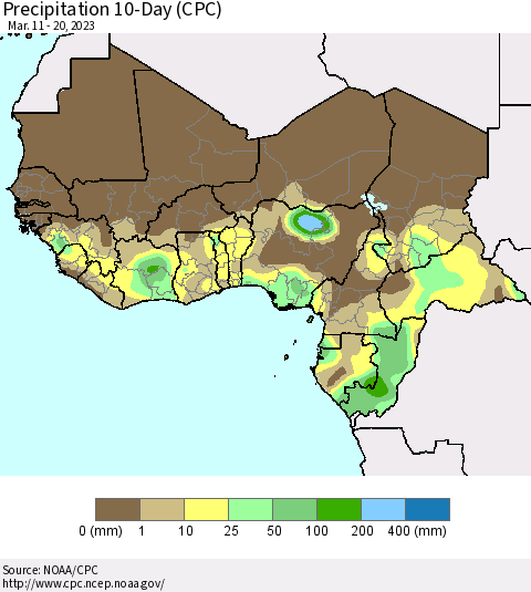 Western Africa Precipitation 10-Day (CPC) Thematic Map For 3/11/2023 - 3/20/2023