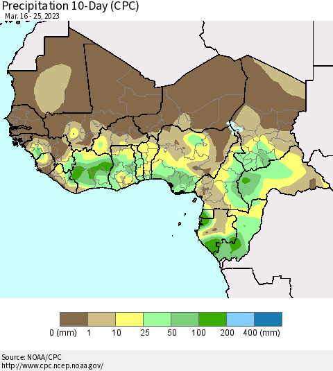 Western Africa Precipitation 10-Day (CPC) Thematic Map For 3/16/2023 - 3/25/2023