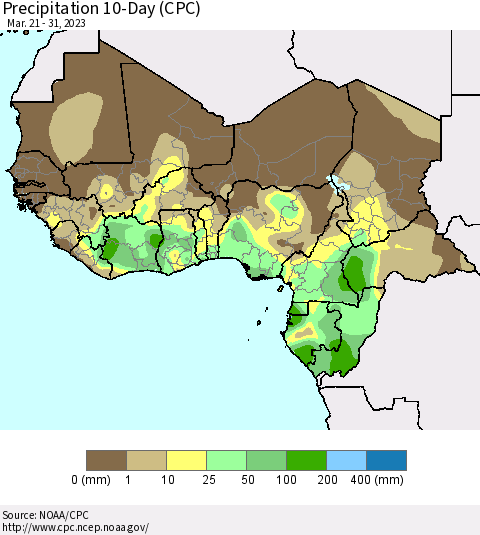 Western Africa Precipitation 10-Day (CPC) Thematic Map For 3/21/2023 - 3/31/2023