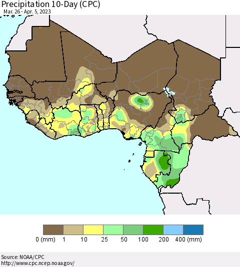 Western Africa Precipitation 10-Day (CPC) Thematic Map For 3/26/2023 - 4/5/2023