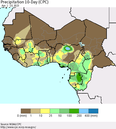 Western Africa Precipitation 10-Day (CPC) Thematic Map For 4/1/2023 - 4/10/2023