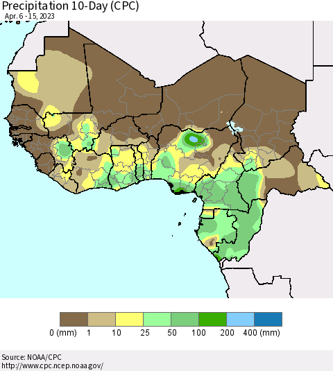 Western Africa Precipitation 10-Day (CPC) Thematic Map For 4/6/2023 - 4/15/2023