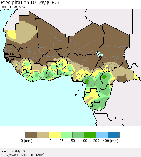 Western Africa Precipitation 10-Day (CPC) Thematic Map For 4/11/2023 - 4/20/2023