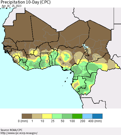 Western Africa Precipitation 10-Day (CPC) Thematic Map For 4/16/2023 - 4/25/2023