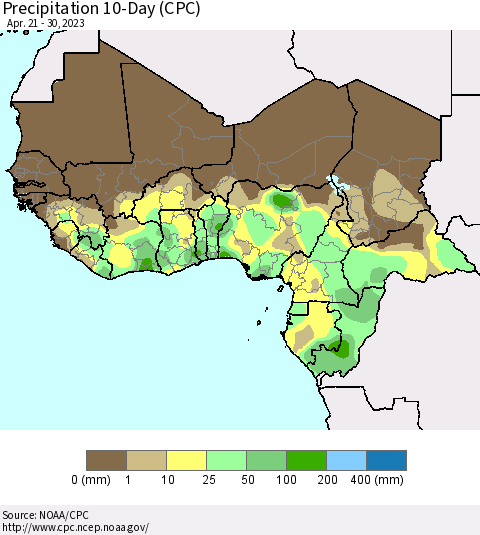 Western Africa Precipitation 10-Day (CPC) Thematic Map For 4/21/2023 - 4/30/2023