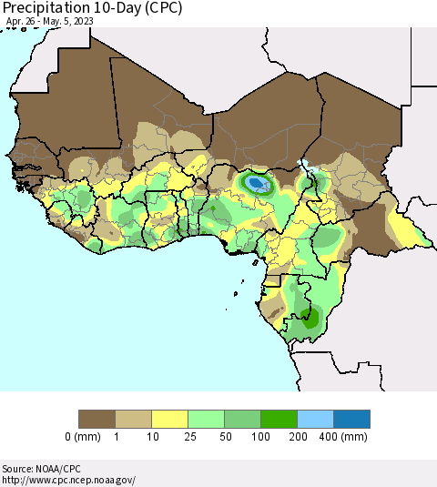 Western Africa Precipitation 10-Day (CPC) Thematic Map For 4/26/2023 - 5/5/2023