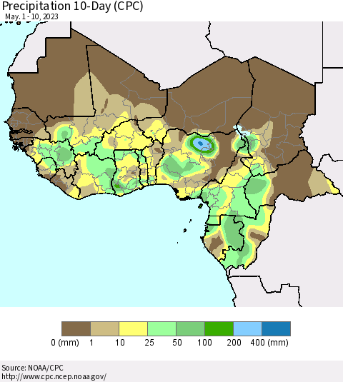 Western Africa Precipitation 10-Day (CPC) Thematic Map For 5/1/2023 - 5/10/2023
