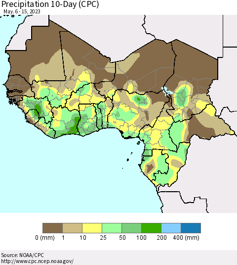 Western Africa Precipitation 10-Day (CPC) Thematic Map For 5/6/2023 - 5/15/2023