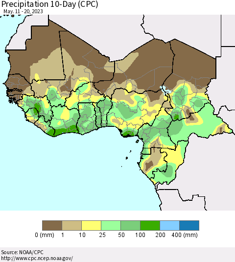 Western Africa Precipitation 10-Day (CPC) Thematic Map For 5/11/2023 - 5/20/2023