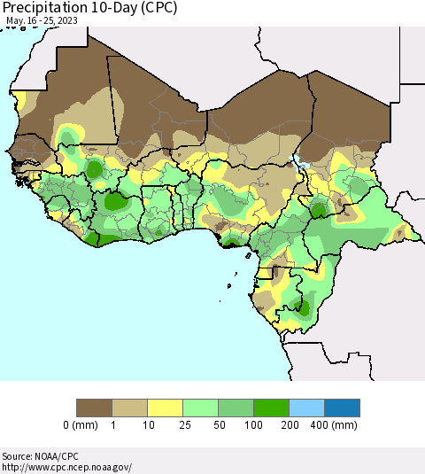 Western Africa Precipitation 10-Day (CPC) Thematic Map For 5/16/2023 - 5/25/2023