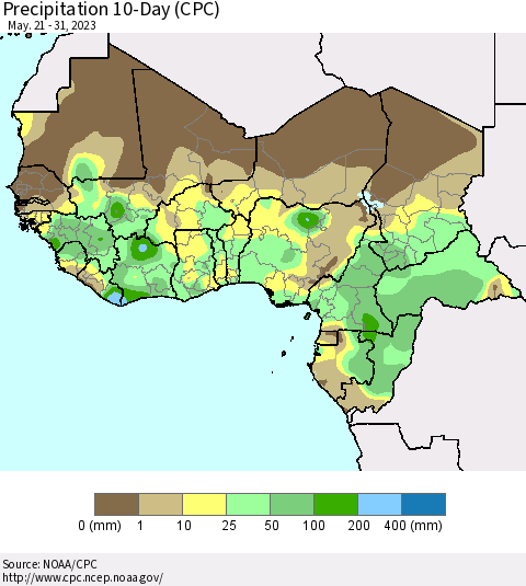 Western Africa Precipitation 10-Day (CPC) Thematic Map For 5/21/2023 - 5/31/2023