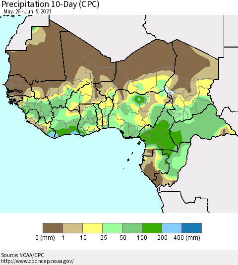 Western Africa Precipitation 10-Day (CPC) Thematic Map For 5/26/2023 - 6/5/2023