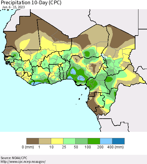 Western Africa Precipitation 10-Day (CPC) Thematic Map For 6/6/2023 - 6/15/2023
