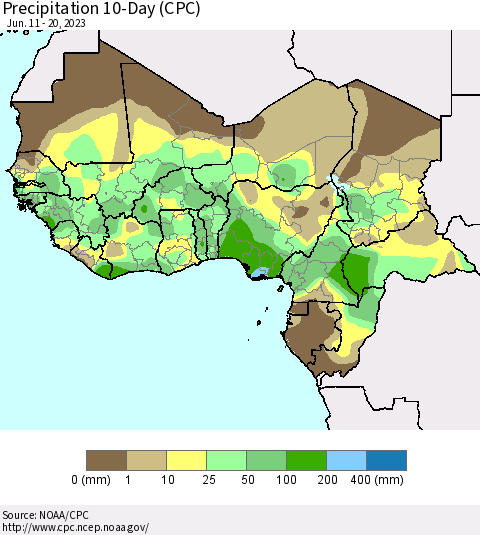 Western Africa Precipitation 10-Day (CPC) Thematic Map For 6/11/2023 - 6/20/2023