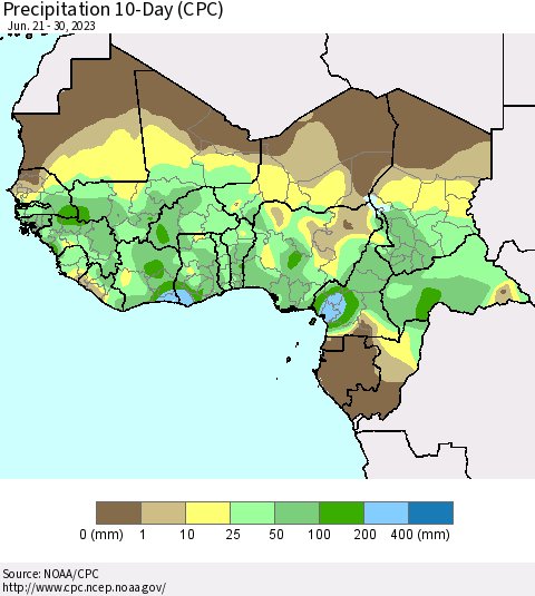 Western Africa Precipitation 10-Day (CPC) Thematic Map For 6/21/2023 - 6/30/2023