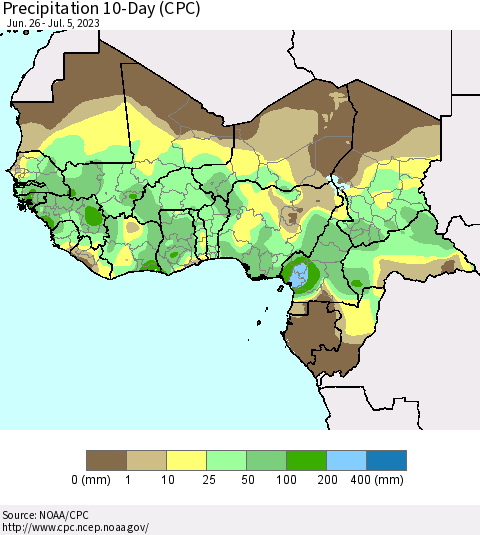Western Africa Precipitation 10-Day (CPC) Thematic Map For 6/26/2023 - 7/5/2023