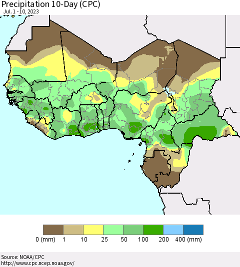 Western Africa Precipitation 10-Day (CPC) Thematic Map For 7/1/2023 - 7/10/2023