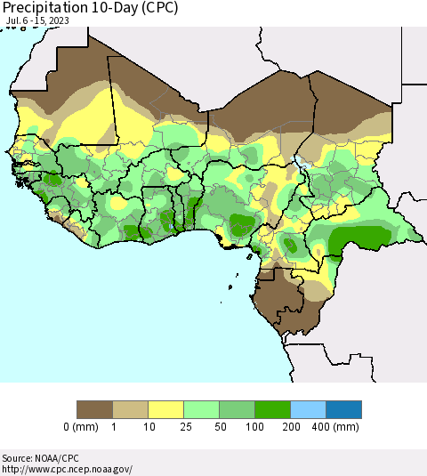 Western Africa Precipitation 10-Day (CPC) Thematic Map For 7/6/2023 - 7/15/2023