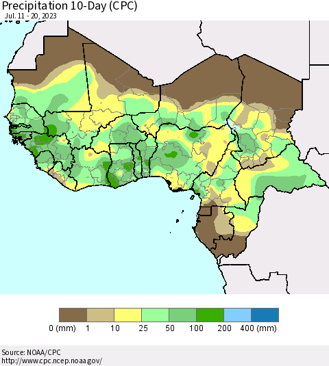 Western Africa Precipitation 10-Day (CPC) Thematic Map For 7/11/2023 - 7/20/2023