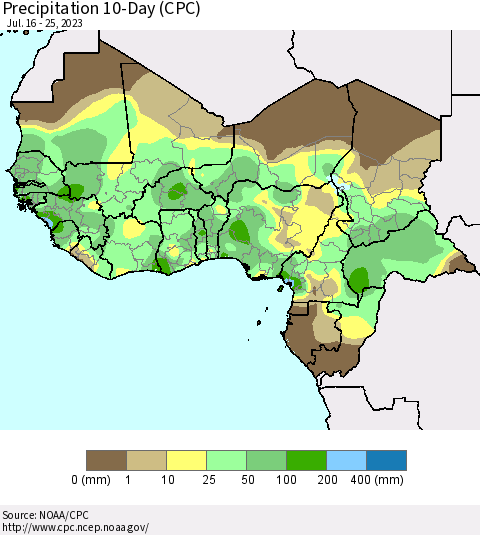 Western Africa Precipitation 10-Day (CPC) Thematic Map For 7/16/2023 - 7/25/2023