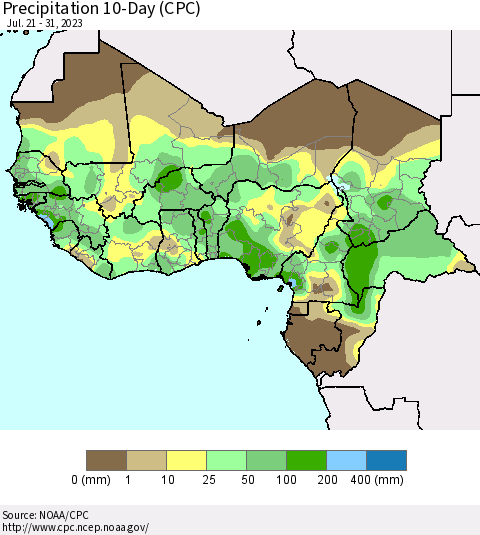 Western Africa Precipitation 10-Day (CPC) Thematic Map For 7/21/2023 - 7/31/2023
