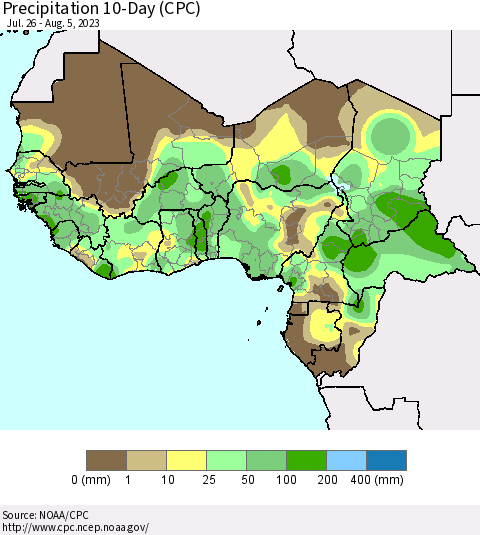 Western Africa Precipitation 10-Day (CPC) Thematic Map For 7/26/2023 - 8/5/2023