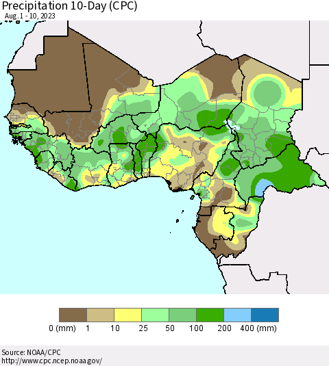 Western Africa Precipitation 10-Day (CPC) Thematic Map For 8/1/2023 - 8/10/2023