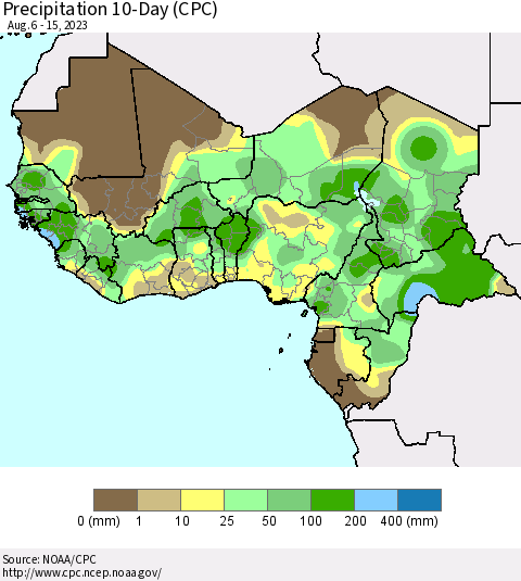 Western Africa Precipitation 10-Day (CPC) Thematic Map For 8/6/2023 - 8/15/2023