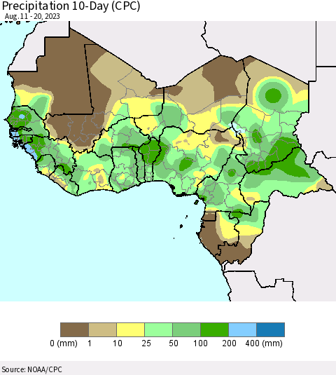 Western Africa Precipitation 10-Day (CPC) Thematic Map For 8/11/2023 - 8/20/2023