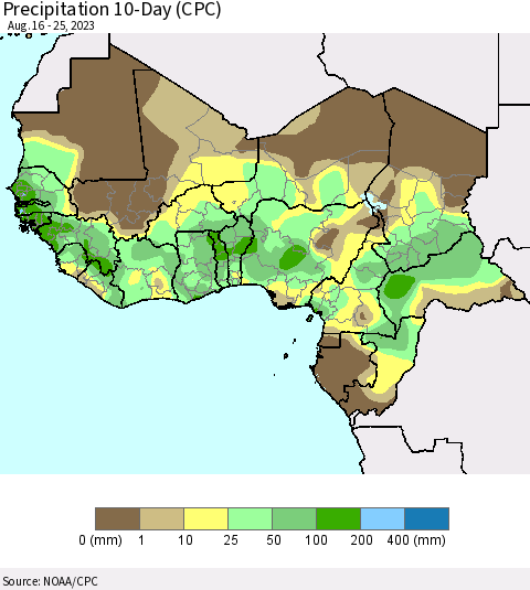 Western Africa Precipitation 10-Day (CPC) Thematic Map For 8/16/2023 - 8/25/2023