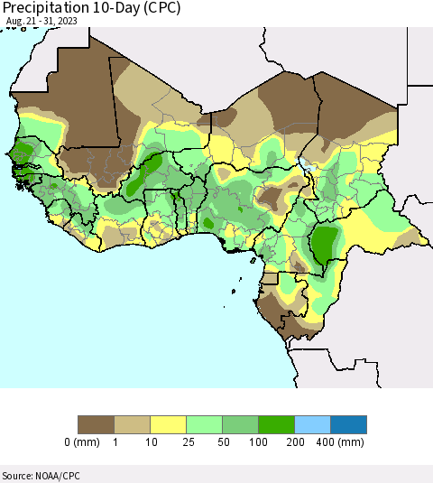Western Africa Precipitation 10-Day (CPC) Thematic Map For 8/21/2023 - 8/31/2023