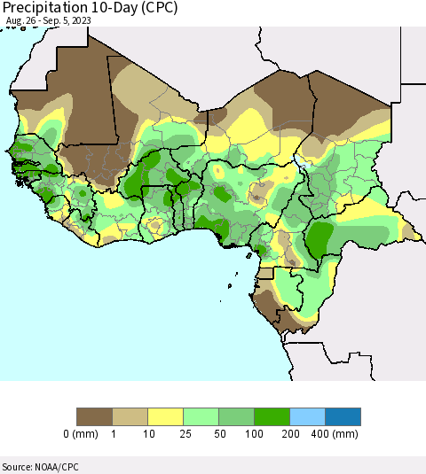 Western Africa Precipitation 10-Day (CPC) Thematic Map For 8/26/2023 - 9/5/2023