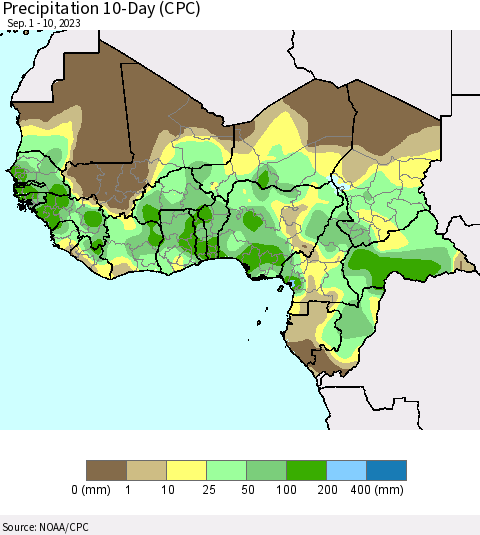 Western Africa Precipitation 10-Day (CPC) Thematic Map For 9/1/2023 - 9/10/2023